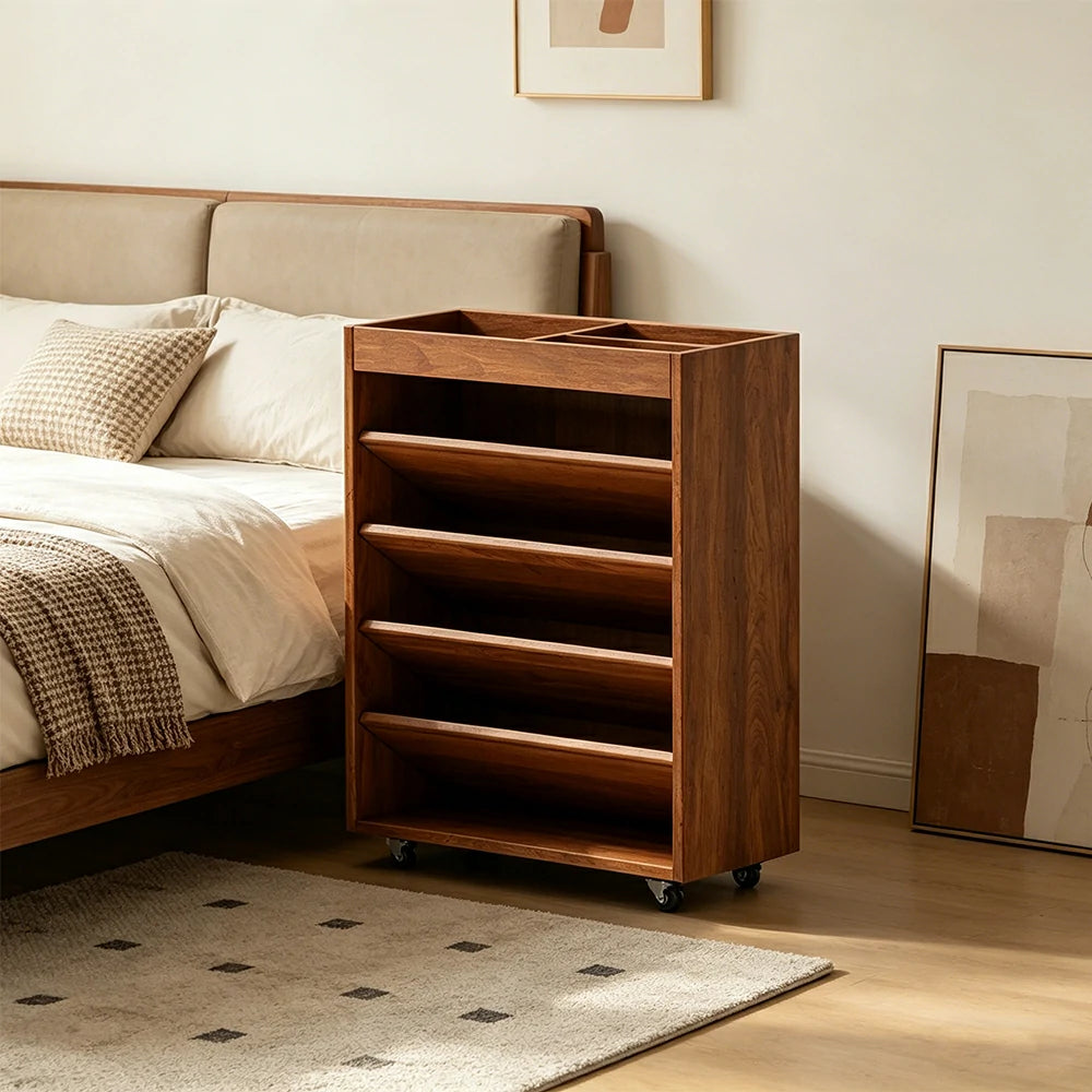 LIVARA Rolling Storage Cabinet Layered Solid Wood Organizer for Small Spaces Living Room & Bedroom - Cherry
