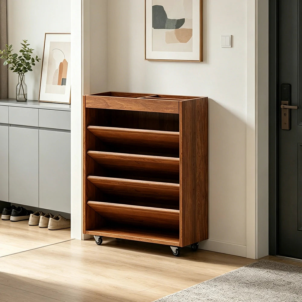 LIVARA Rolling Storage Cabinet Layered Solid Wood Organizer for Small Spaces Living Room & Bedroom - Cherry