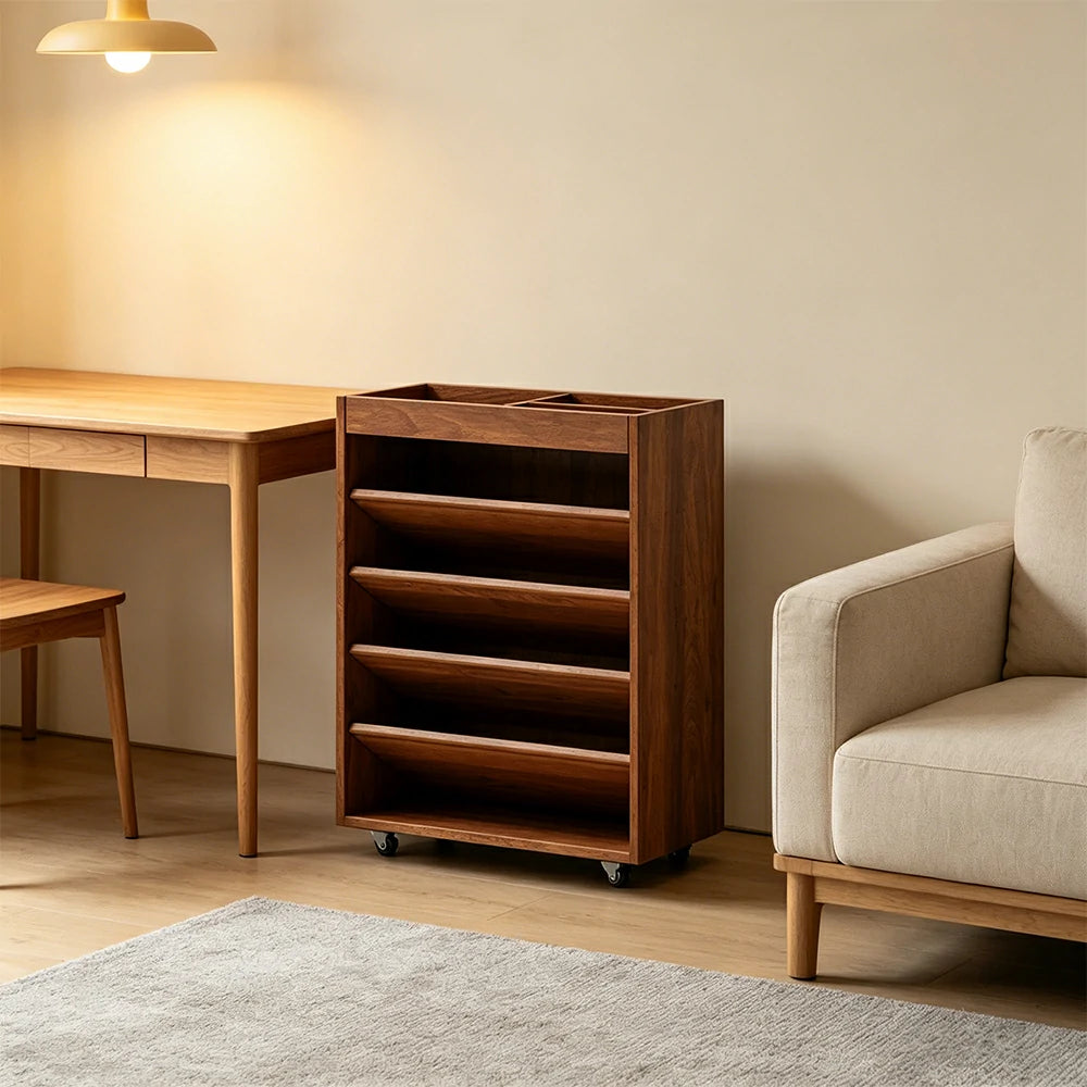 LIVARA Rolling Storage Cabinet Layered Solid Wood Organizer for Small Spaces Living Room & Bedroom - Cherry