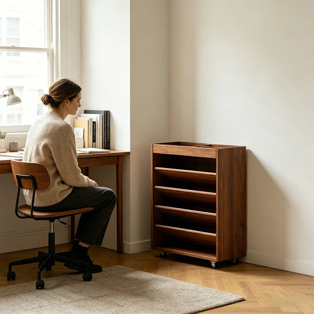 LIVARA Rolling Storage Cabinet Layered Solid Wood Organizer for Small Spaces Living Room & Bedroom - Cherry
