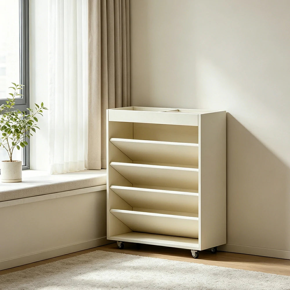 LIVARA Rolling Storage Cabinet Layered Solid Wood Organizer for Small Spaces Living Room & Bedroom - White