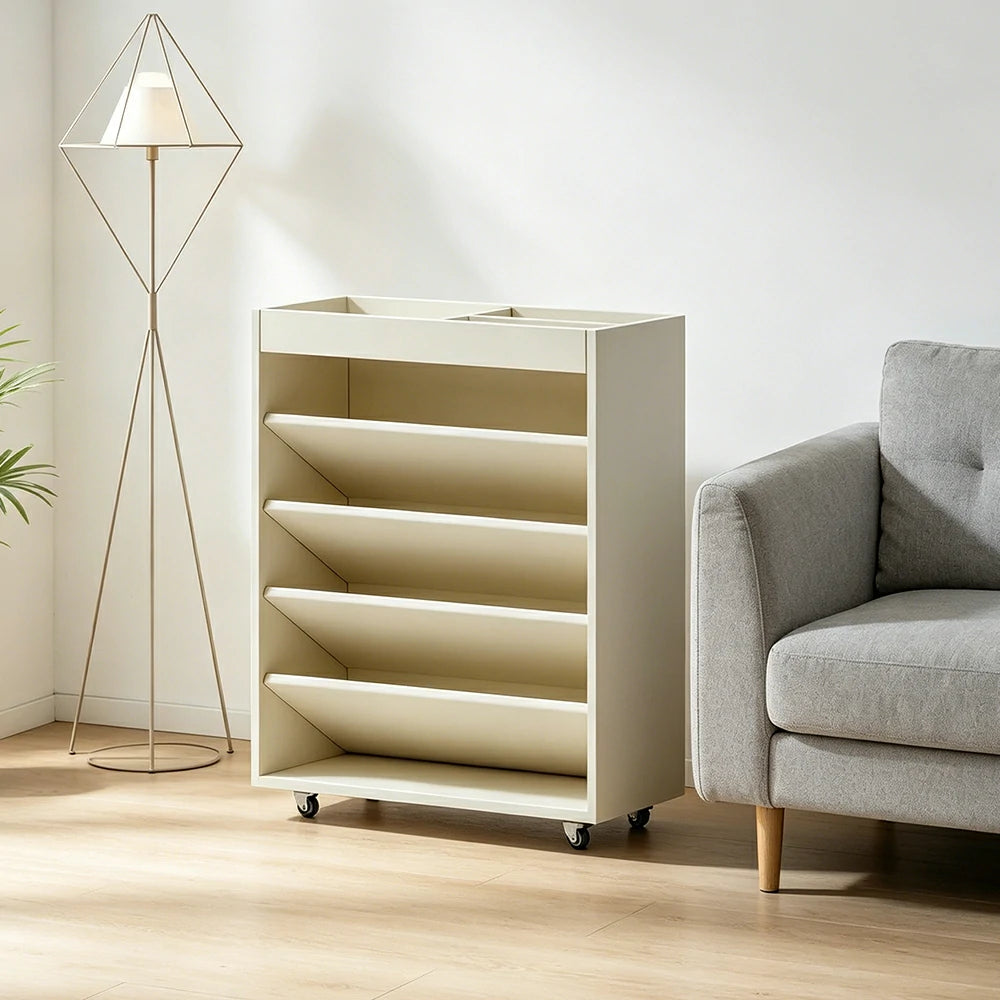 LIVARA Rolling Storage Cabinet Layered Solid Wood Organizer for Small Spaces Living Room & Bedroom - White