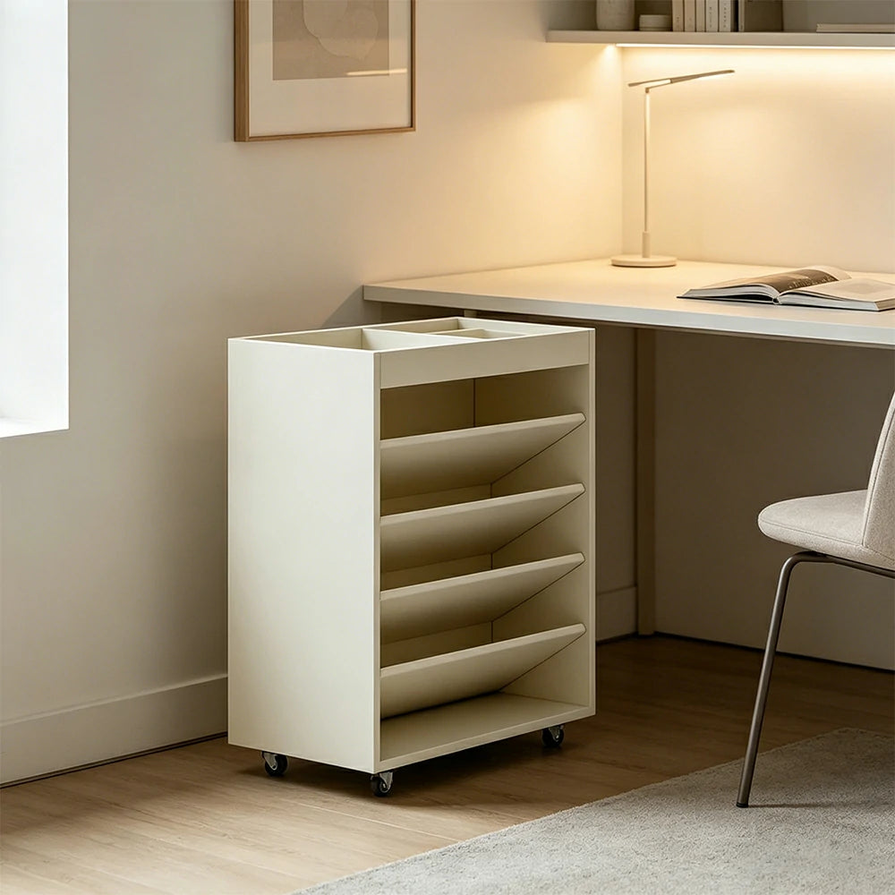 LIVARA Rolling Storage Cabinet Layered Solid Wood Organizer for Small Spaces Living Room & Bedroom - White
