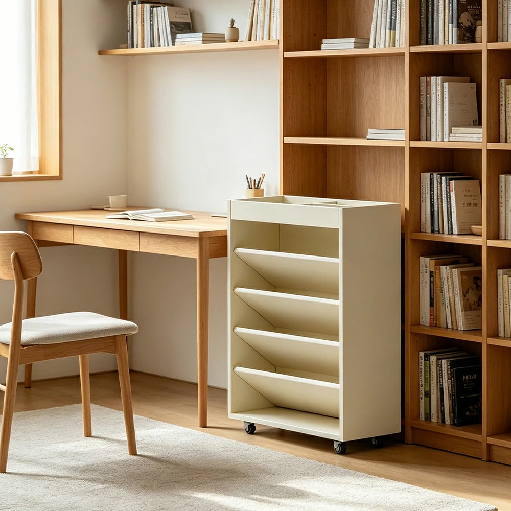 LIVARA Rolling Storage Cabinet Layered Solid Wood Organizer for Small Spaces Living Room & Bedroom - White