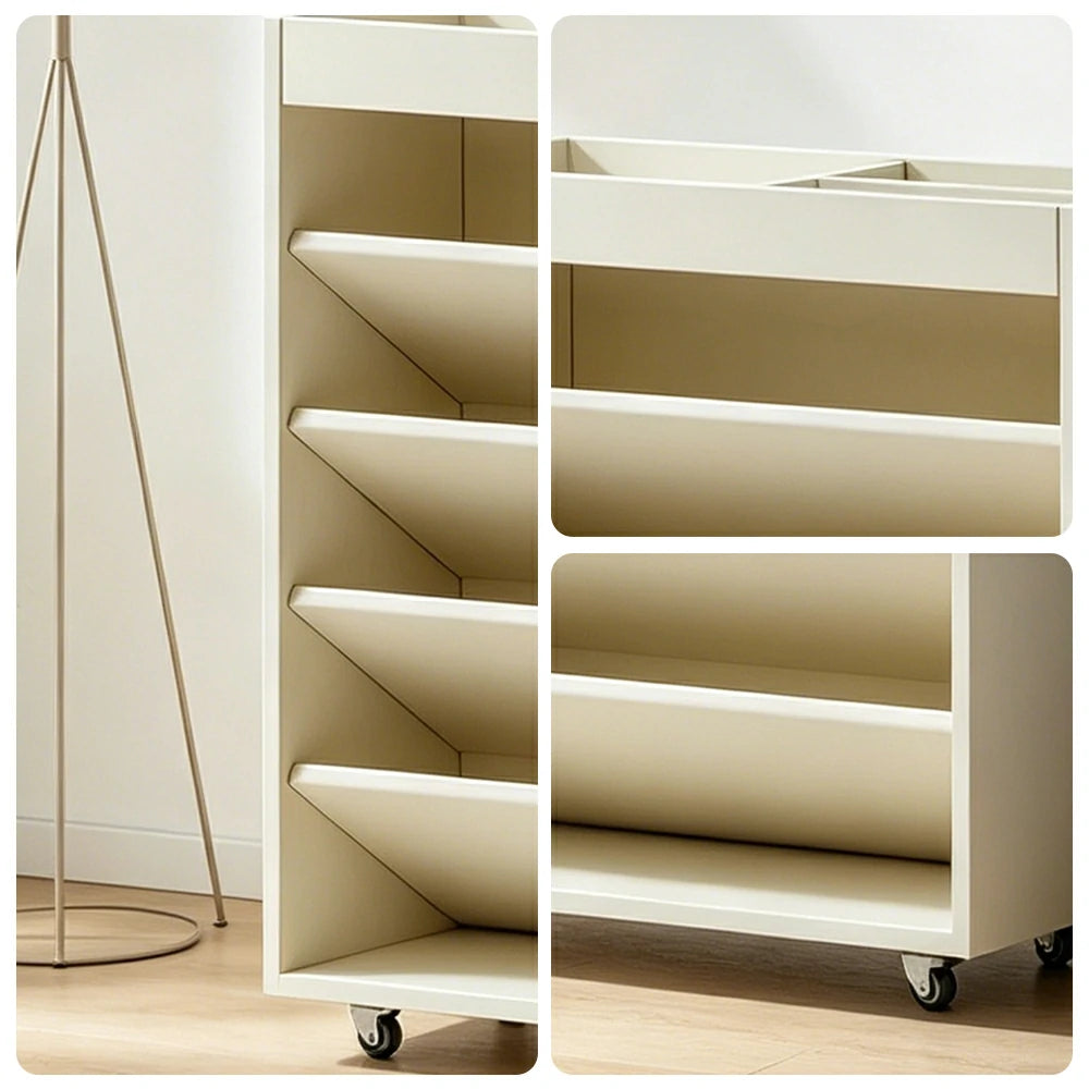 LIVARA Rolling Storage Cabinet Layered Solid Wood Organizer for Small Spaces Living Room & Bedroom - White