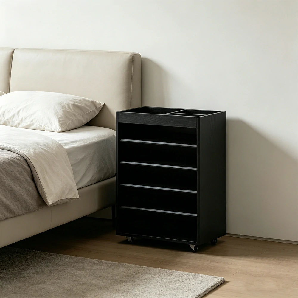 LIVARA Rolling Storage Cabinet Layered Solid Wood Organizer for Small Spaces Living Room & Bedroom - Black