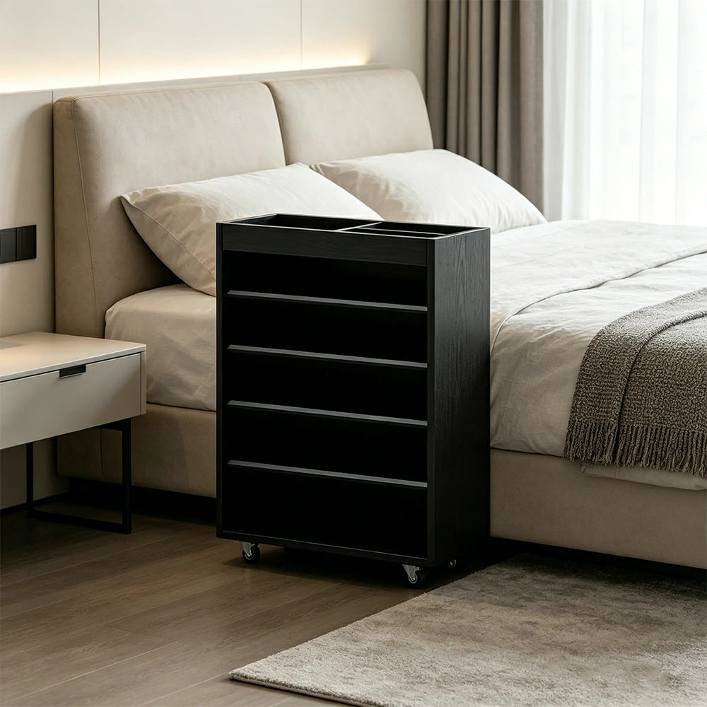 LIVARA Rolling Storage Cabinet Layered Solid Wood Organizer for Small Spaces Living Room & Bedroom - Black