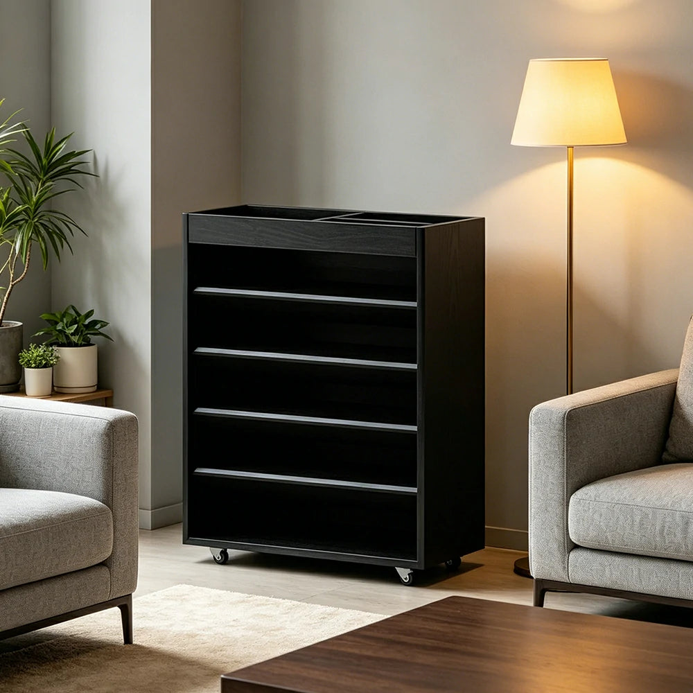 LIVARA Rolling Storage Cabinet Layered Solid Wood Organizer for Small Spaces Living Room & Bedroom - Black