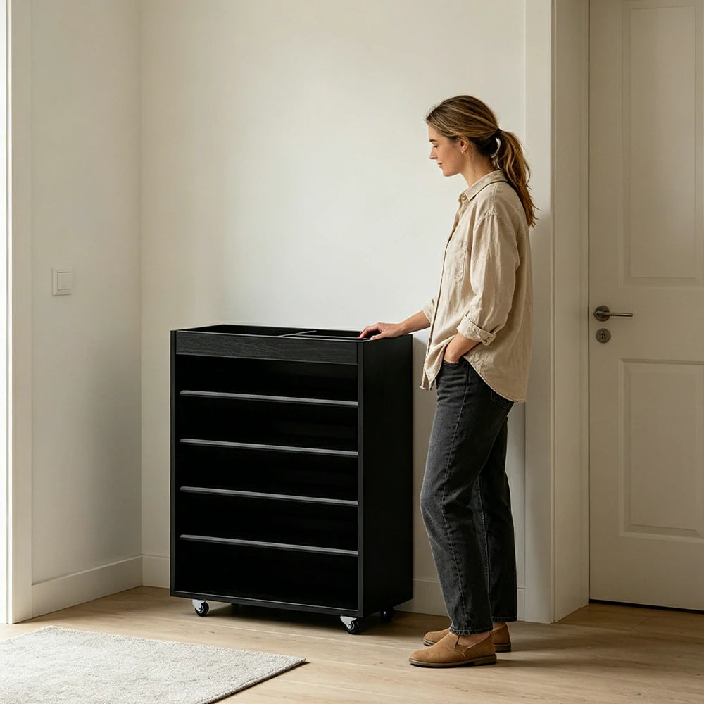 LIVARA Rolling Storage Cabinet Layered Solid Wood Organizer for Small Spaces Living Room & Bedroom - Black