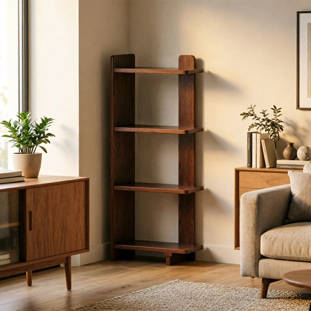 LIVARA Vertical Storage Shelf Solid Wood Multi Layer Display Rack for Living Room Study & Corner Spaces - Walnut