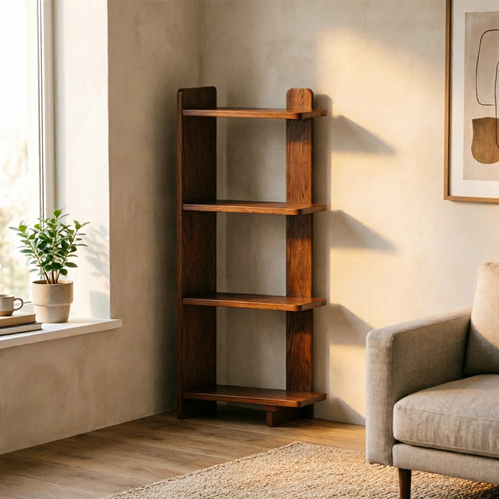LIVARA Vertical Storage Shelf Solid Wood Multi Layer Display Rack for Living Room Study & Corner Spaces - Walnut