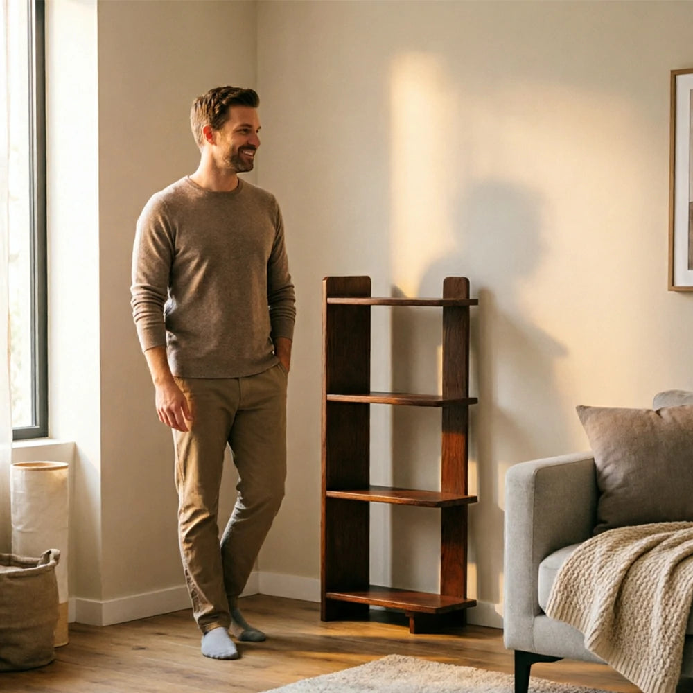 LIVARA Vertical Storage Shelf Solid Wood Multi Layer Display Rack for Living Room Study & Corner Spaces - Walnut