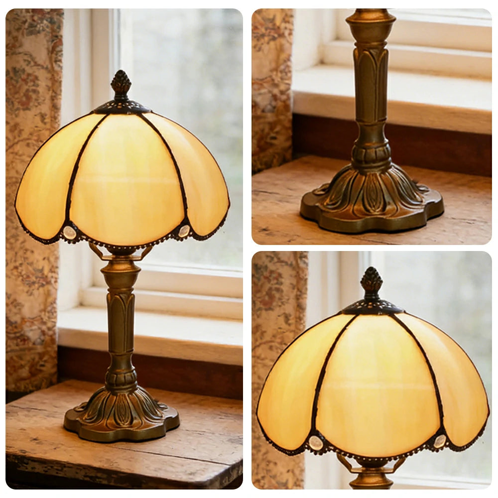 LIVARA Beige Curved Stained Glass Table Lamp Handmade Tiffany Style E27 Bedside Light Vintage Decor for Living Room Bedroom Study