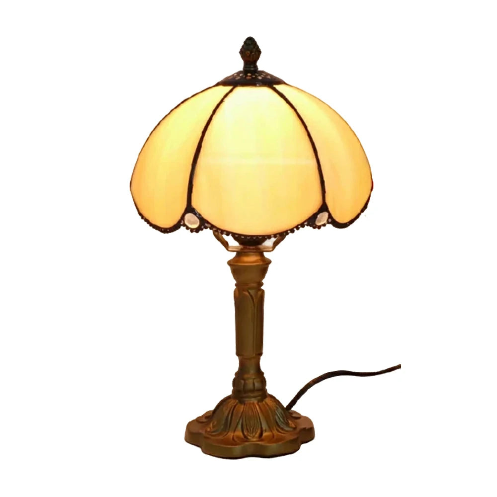 LIVARA Beige Curved Stained Glass Table Lamp Handmade Tiffany Style E27 Bedside Light Vintage Decor for Living Room Bedroom Study