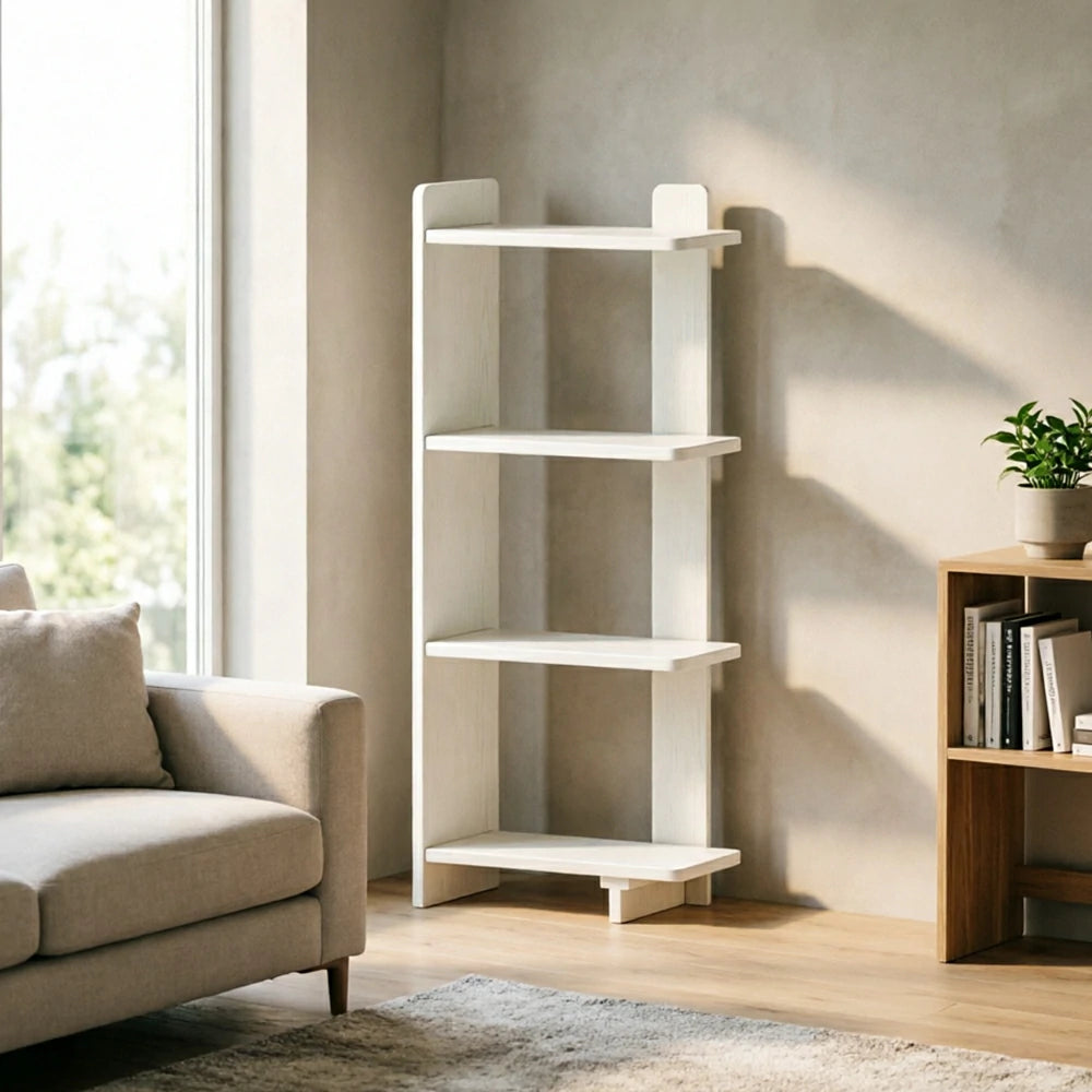 LIVARA Vertical Storage Shelf Solid Wood Multi Layer Display Rack for Living Room Study & Corner Spaces - White