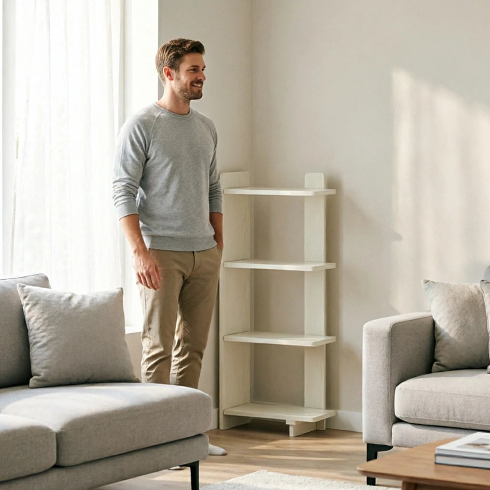 LIVARA Vertical Storage Shelf Solid Wood Multi Layer Display Rack for Living Room Study & Corner Spaces - White