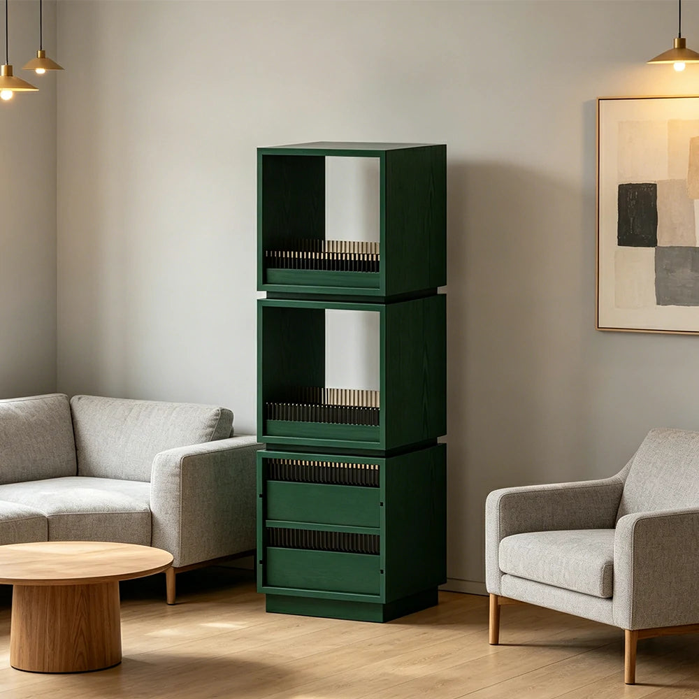 LIVARA Mobile Drawer Cabinet Solid Wood Storage Shelf with Glass Panels for Living Room Bedroom & Study - Green