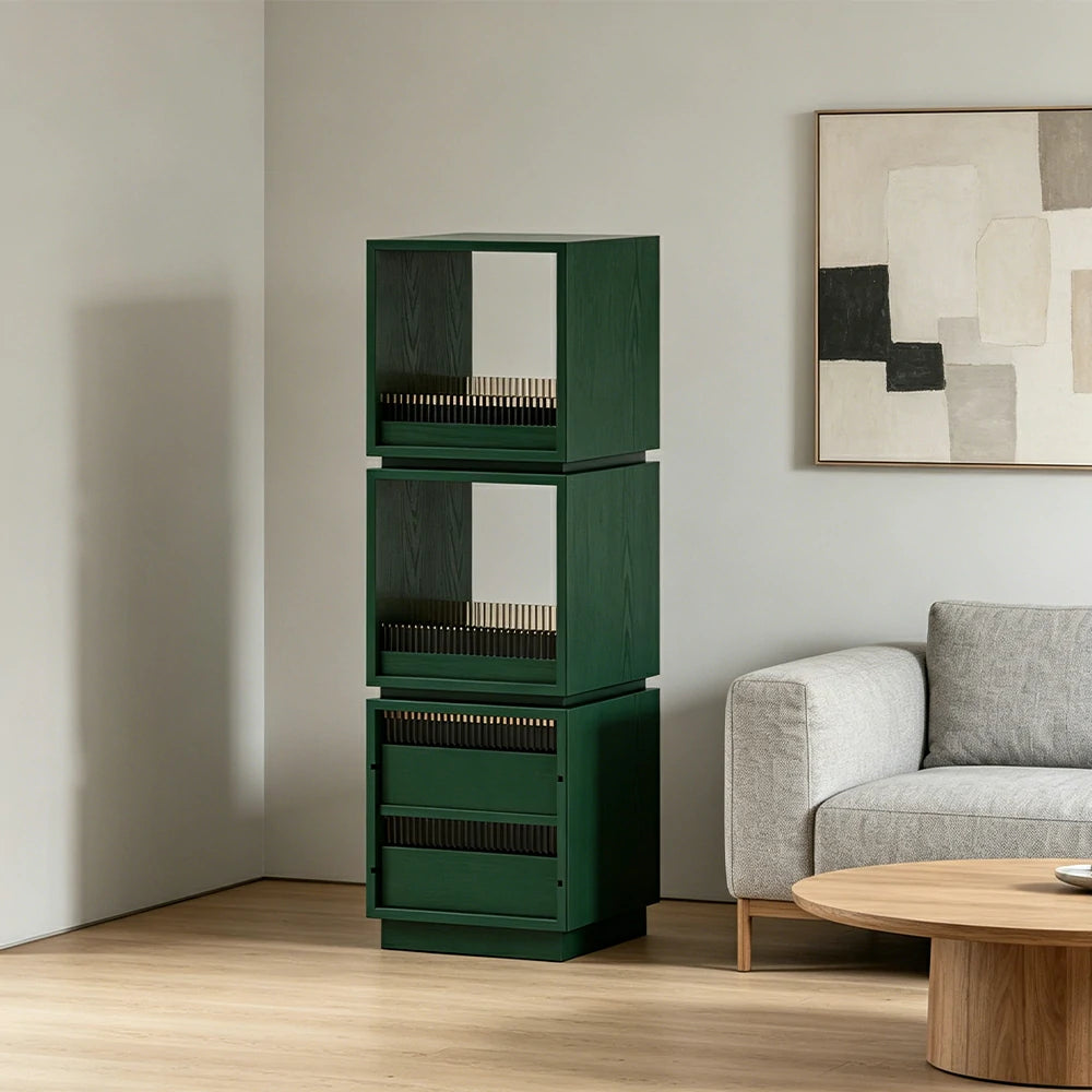 LIVARA Mobile Drawer Cabinet Solid Wood Storage Shelf with Glass Panels for Living Room Bedroom & Study - Green