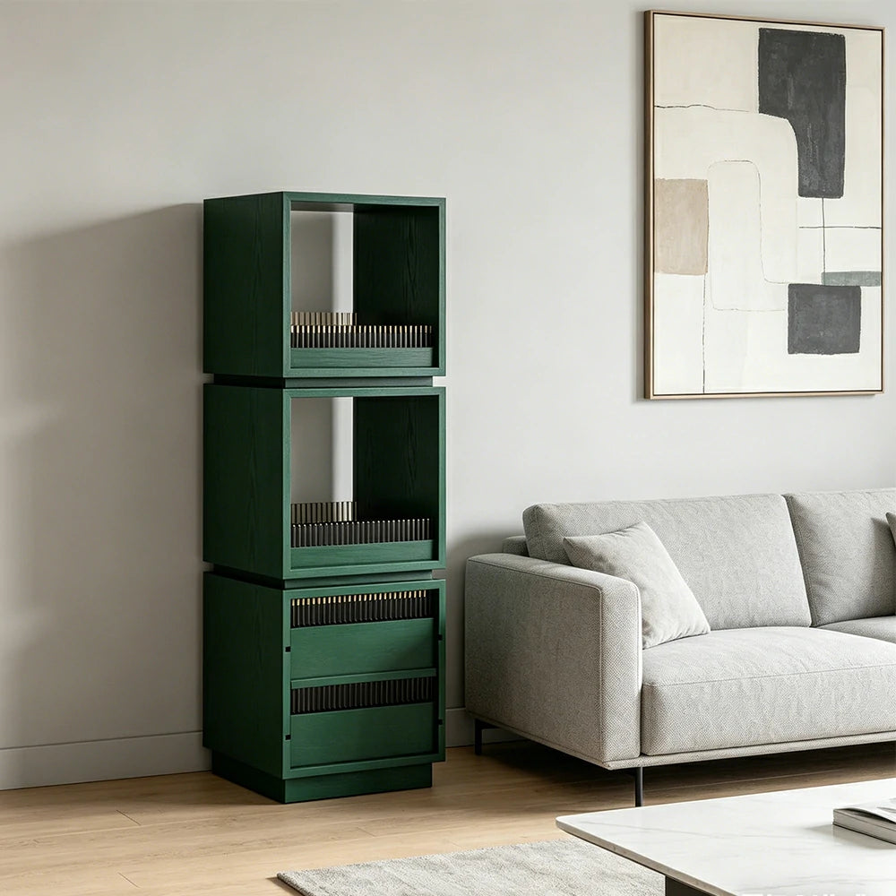LIVARA Mobile Drawer Cabinet Solid Wood Storage Shelf with Glass Panels for Living Room Bedroom & Study - Green
