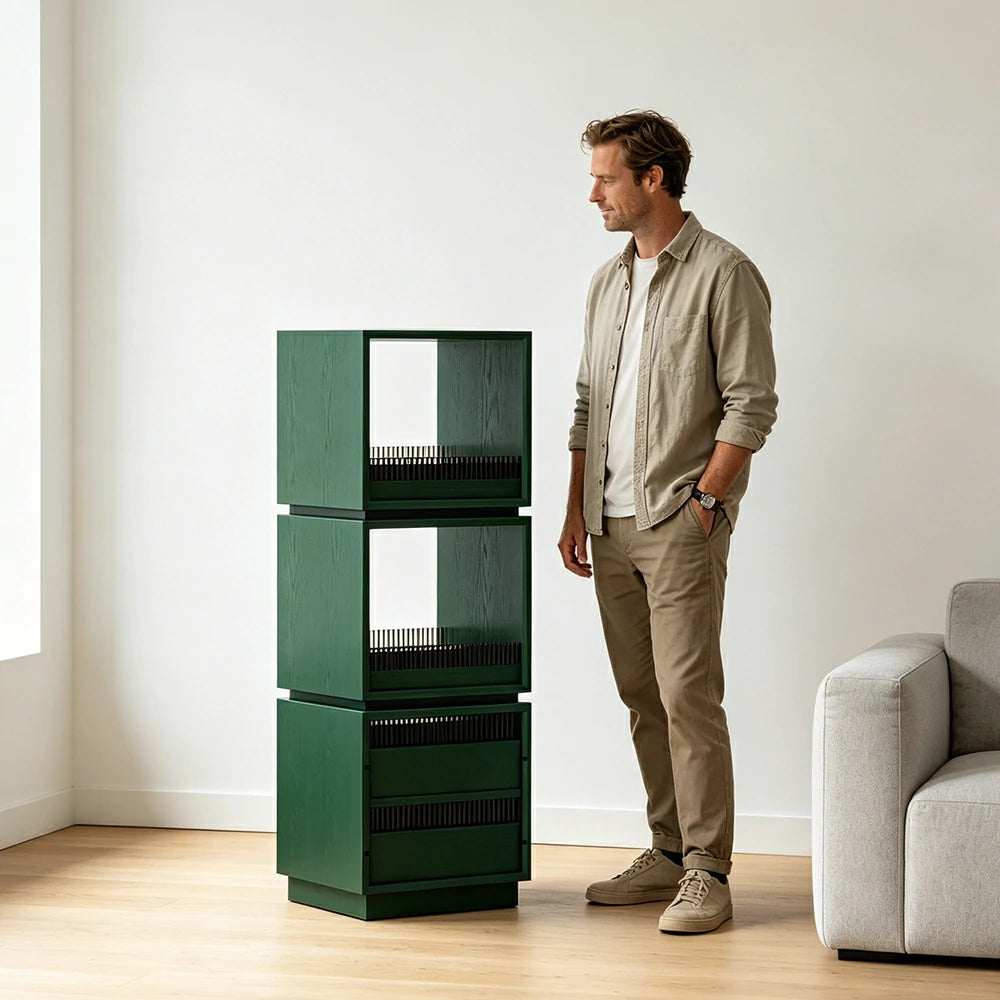 LIVARA Mobile Drawer Cabinet Solid Wood Storage Shelf with Glass Panels for Living Room Bedroom & Study - Green