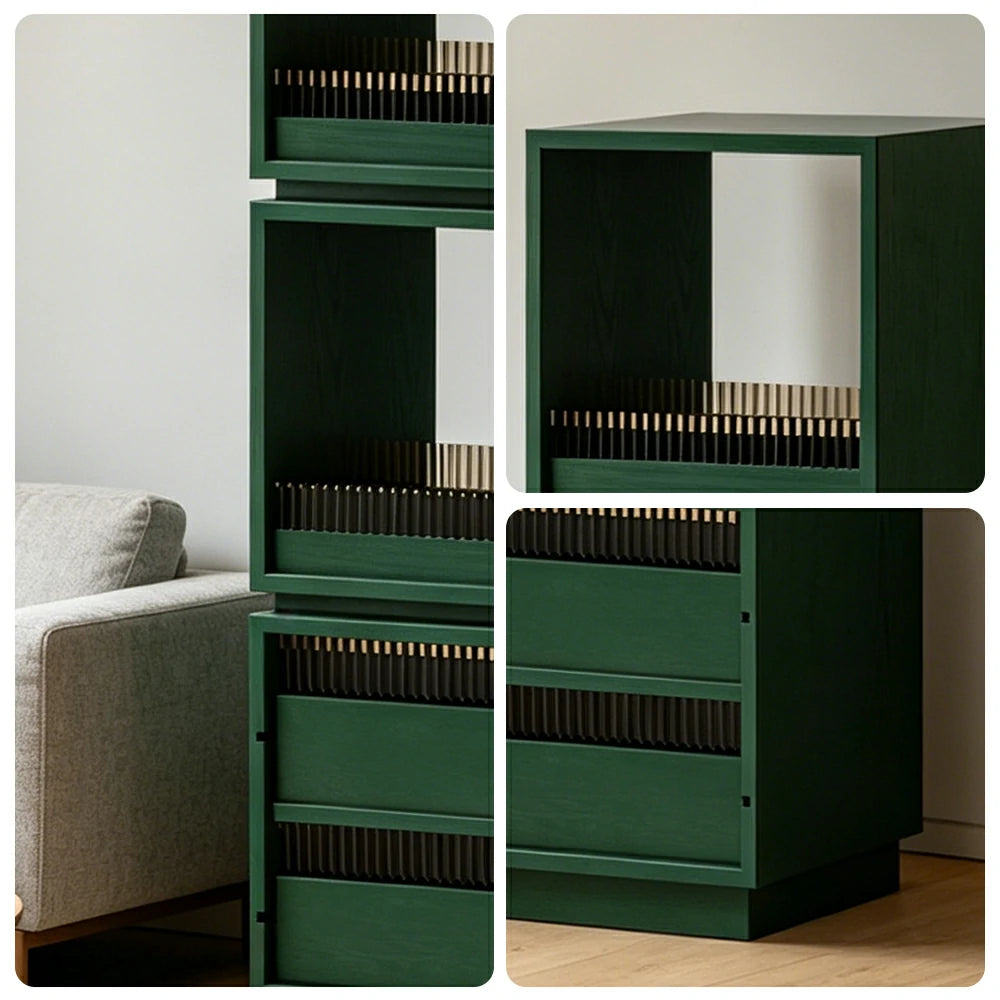 LIVARA Mobile Drawer Cabinet Solid Wood Storage Shelf with Glass Panels for Living Room Bedroom & Study - Green