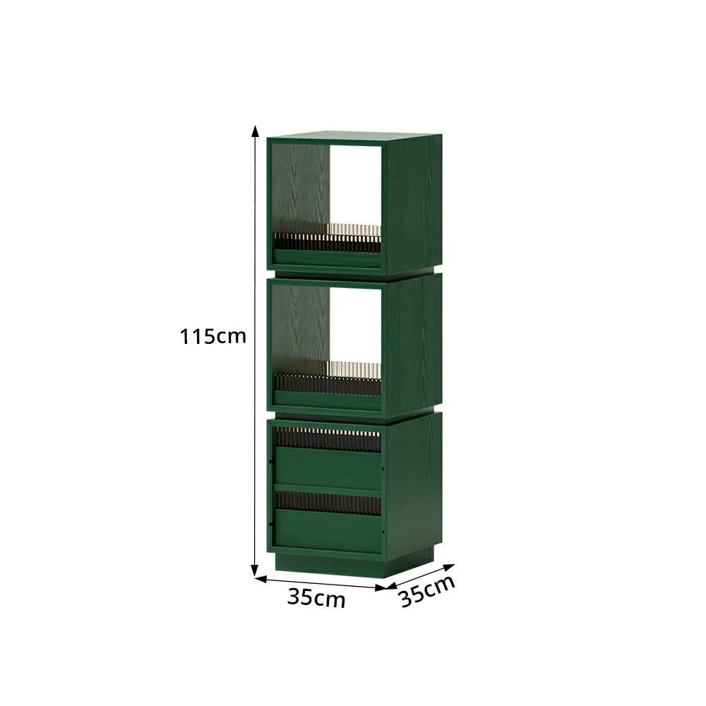 LIVARA Mobile Drawer Cabinet Solid Wood Storage Shelf with Glass Panels for Living Room Bedroom & Study - Green