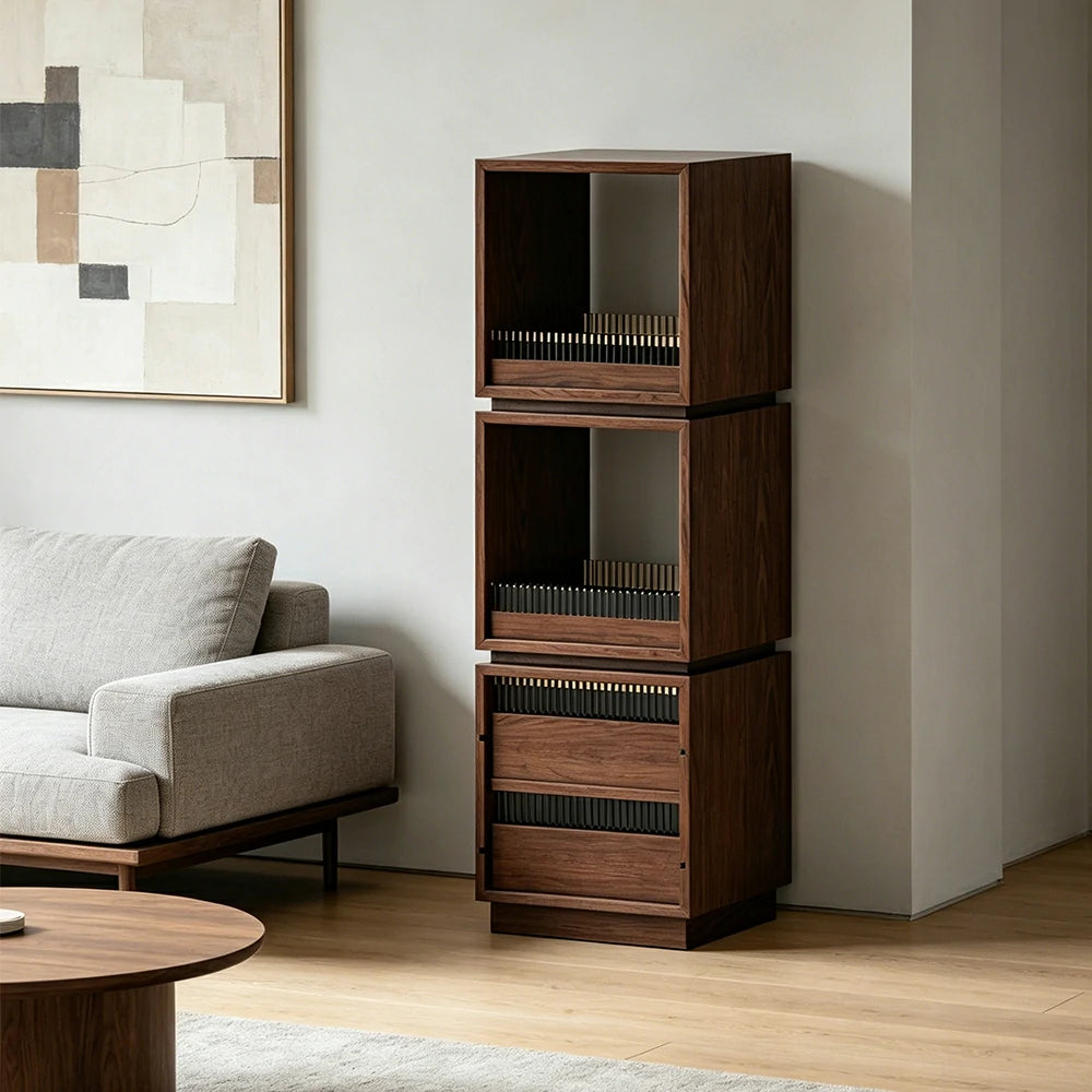 LIVARA Mobile Drawer Cabinet Solid Wood Storage Shelf with Glass Panels for Living Room Bedroom & Study - Walnut