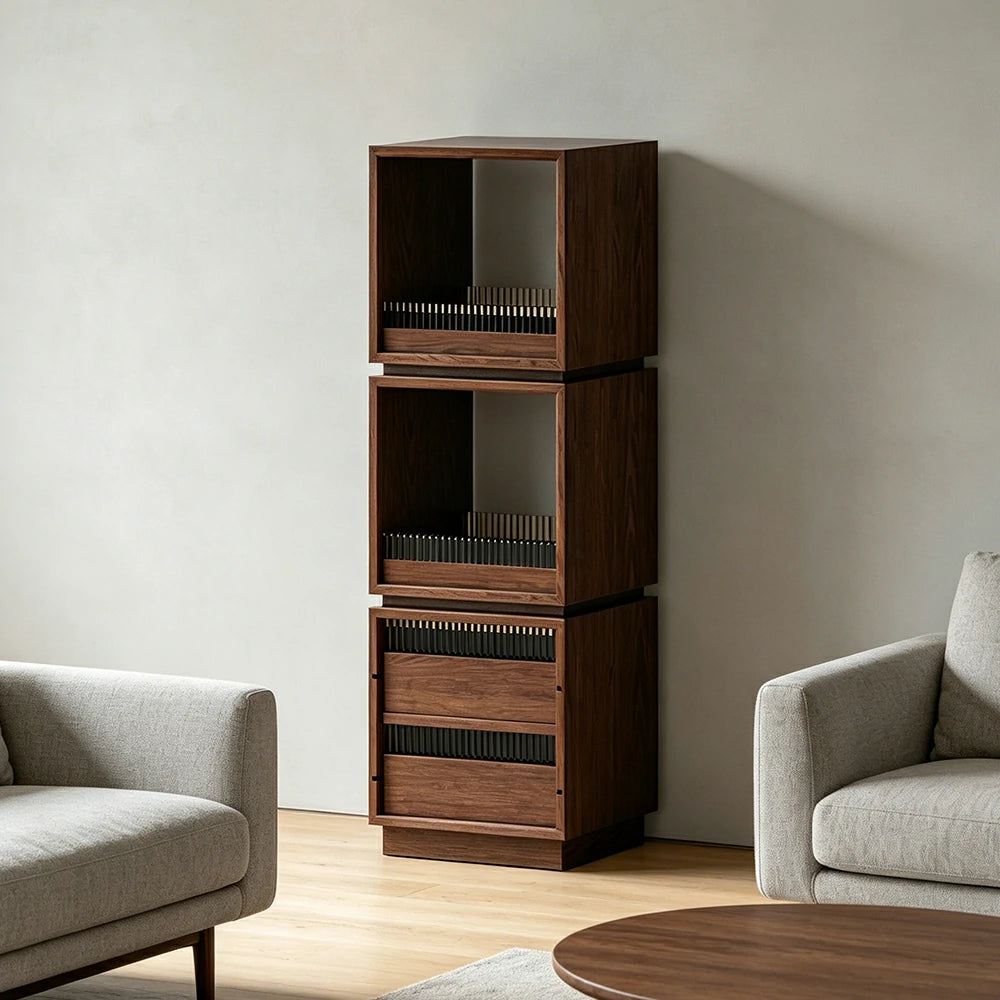 LIVARA Mobile Drawer Cabinet Solid Wood Storage Shelf with Glass Panels for Living Room Bedroom & Study - Walnut