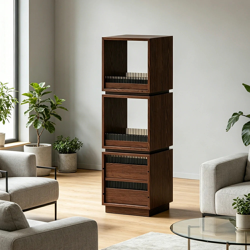 LIVARA Mobile Drawer Cabinet Solid Wood Storage Shelf with Glass Panels for Living Room Bedroom & Study - Walnut