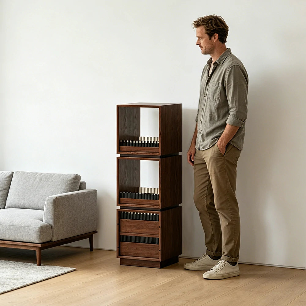 LIVARA Mobile Drawer Cabinet Solid Wood Storage Shelf with Glass Panels for Living Room Bedroom & Study - Walnut