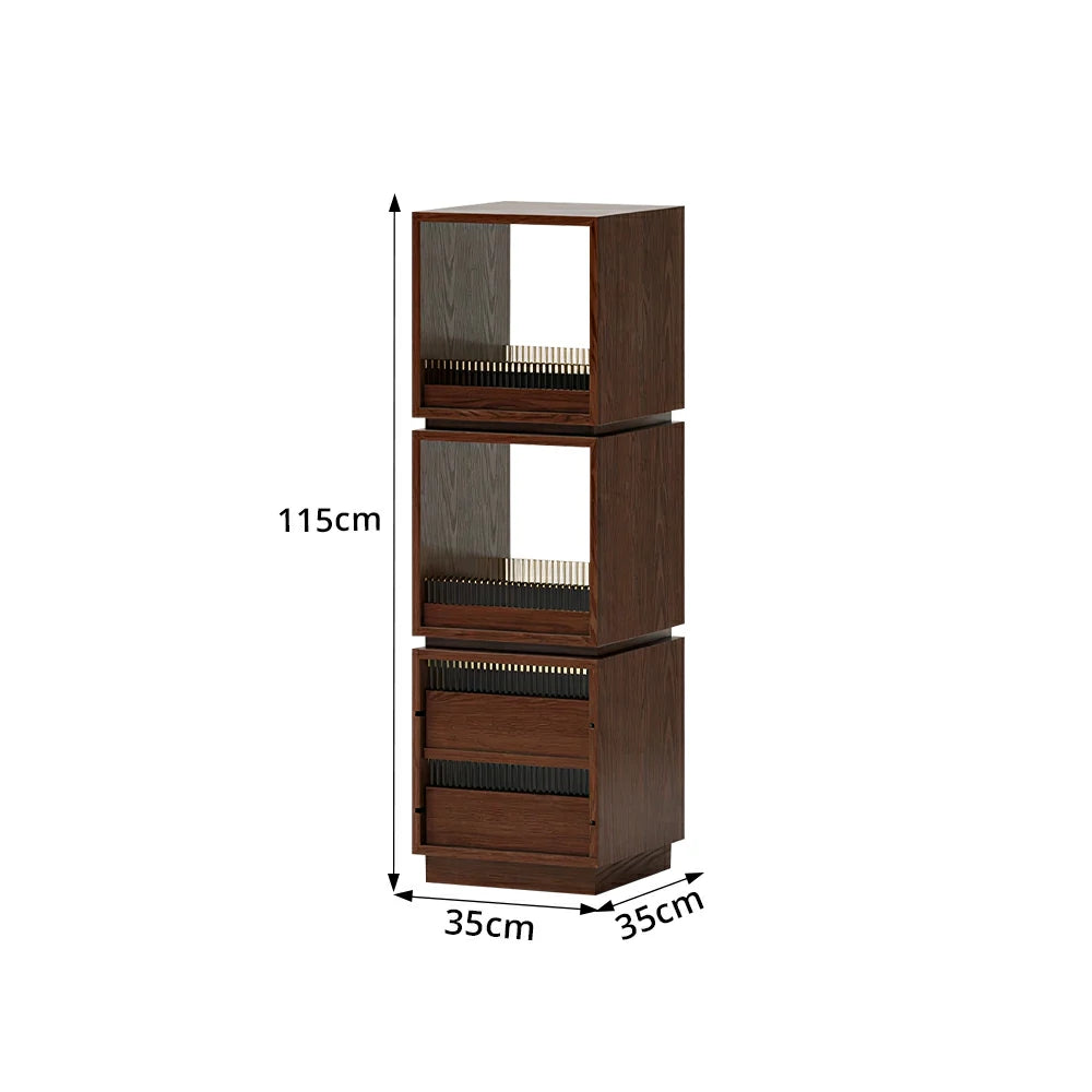 LIVARA Mobile Drawer Cabinet Solid Wood Storage Shelf with Glass Panels for Living Room Bedroom & Study - Walnut