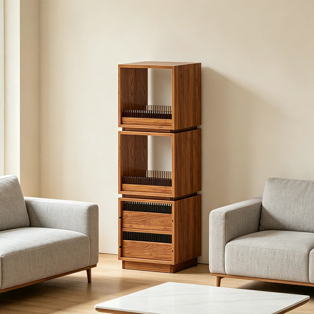 LIVARA Mobile Drawer Cabinet Solid Wood Storage Shelf with Glass Panels for Living Room Bedroom & Study - Cherry