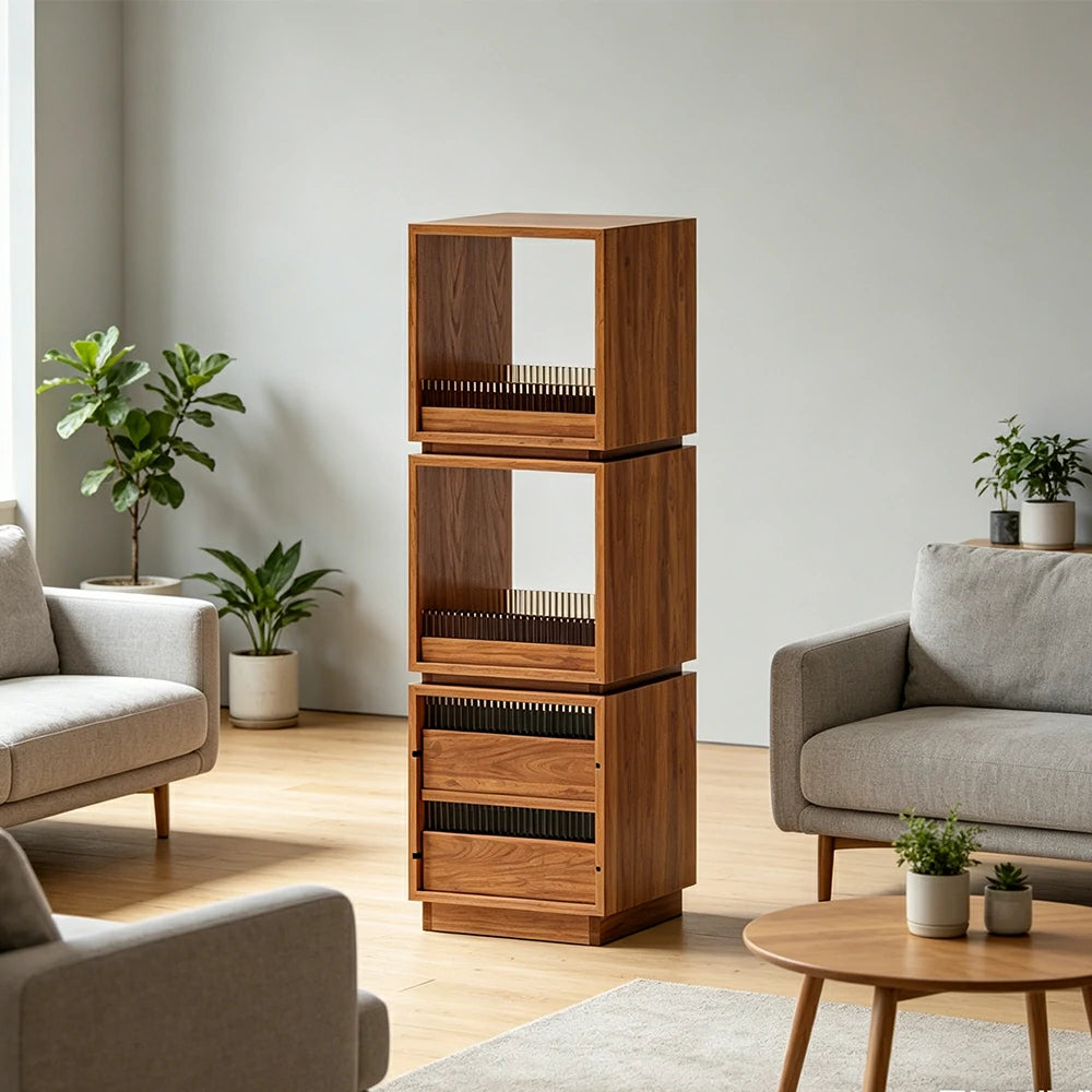 LIVARA Mobile Drawer Cabinet Solid Wood Storage Shelf with Glass Panels for Living Room Bedroom & Study - Cherry