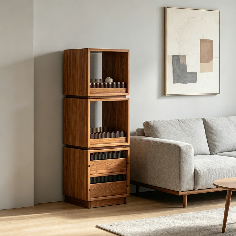 LIVARA Mobile Drawer Cabinet Solid Wood Storage Shelf with Glass Panels for Living Room Bedroom & Study - Cherry