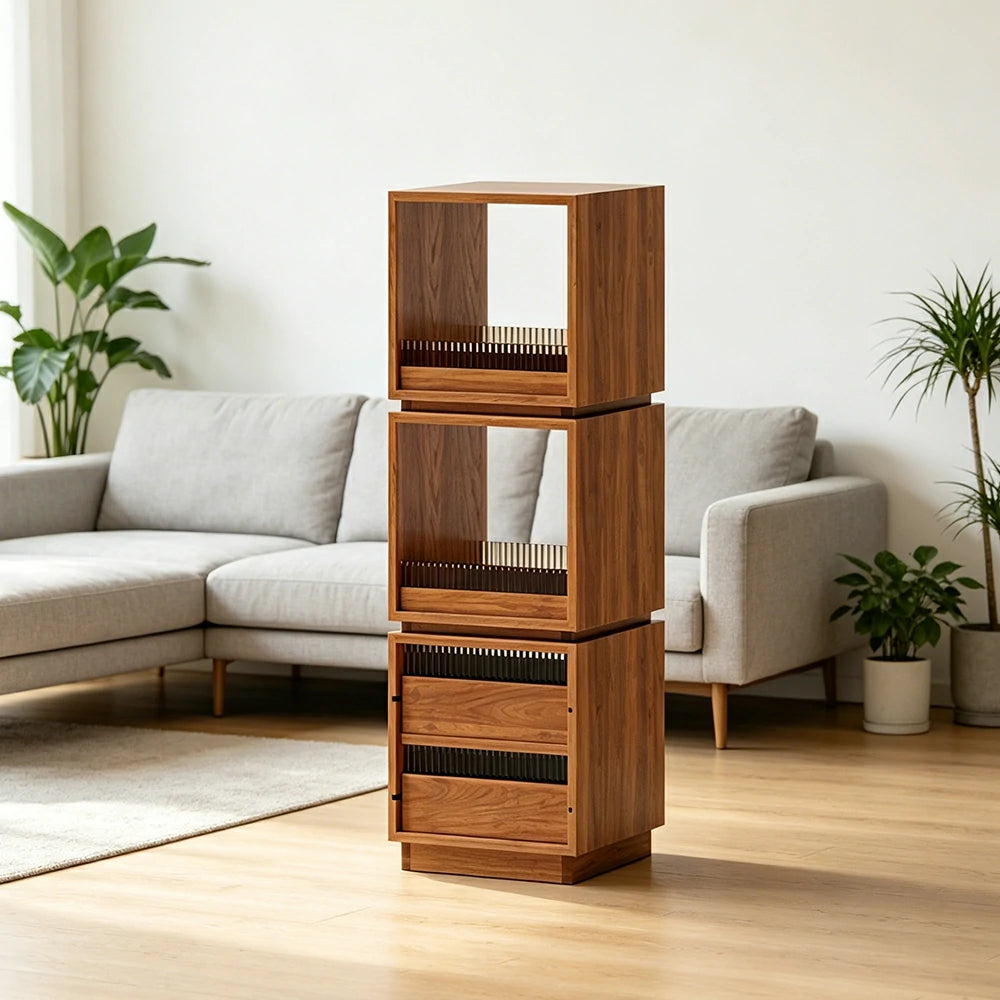 LIVARA Mobile Drawer Cabinet Solid Wood Storage Shelf with Glass Panels for Living Room Bedroom & Study - Cherry