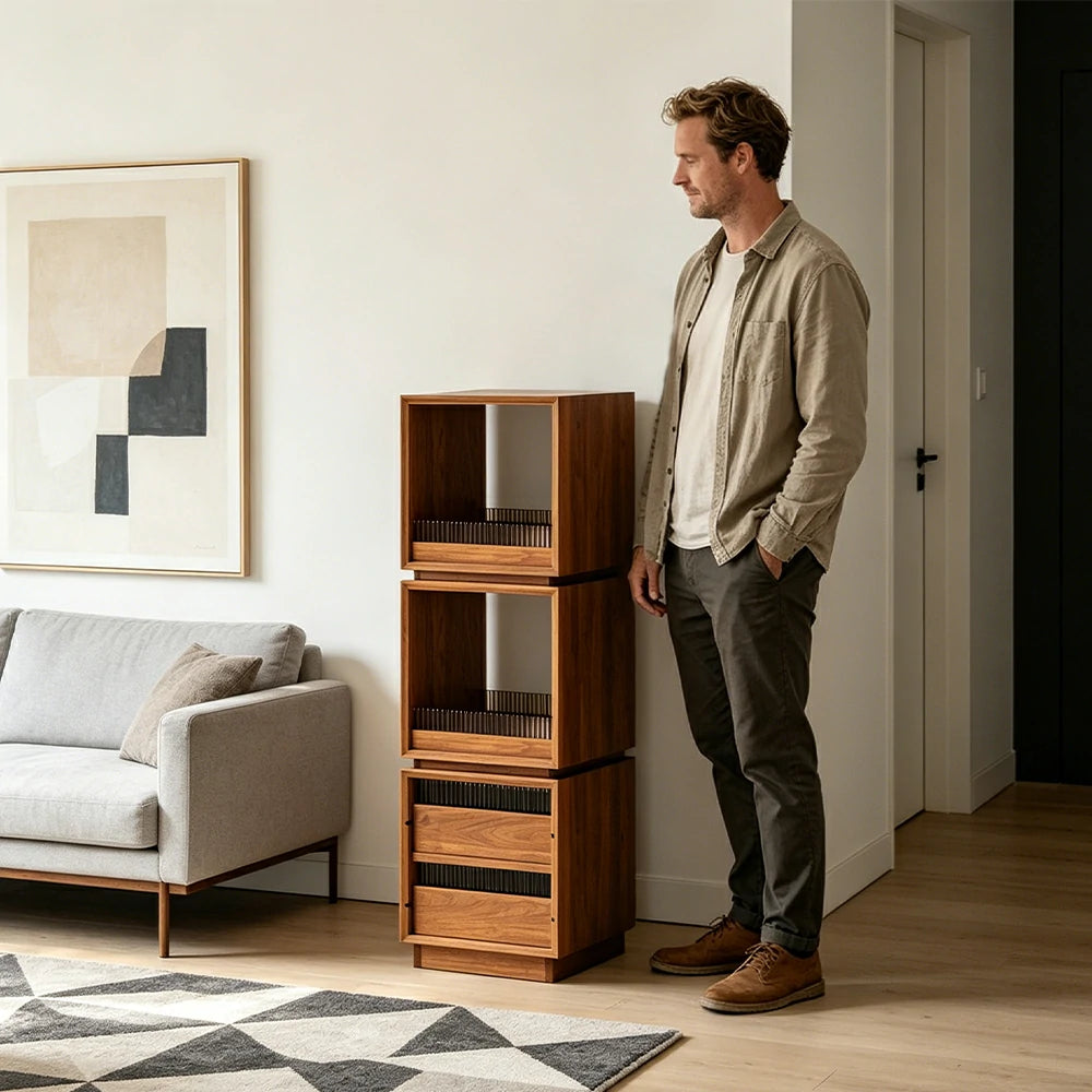 LIVARA Mobile Drawer Cabinet Solid Wood Storage Shelf with Glass Panels for Living Room Bedroom & Study - Cherry