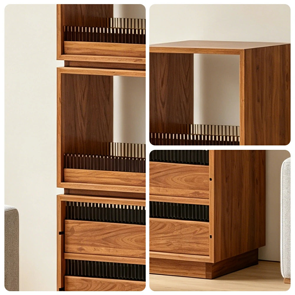 LIVARA Mobile Drawer Cabinet Solid Wood Storage Shelf with Glass Panels for Living Room Bedroom & Study - Cherry
