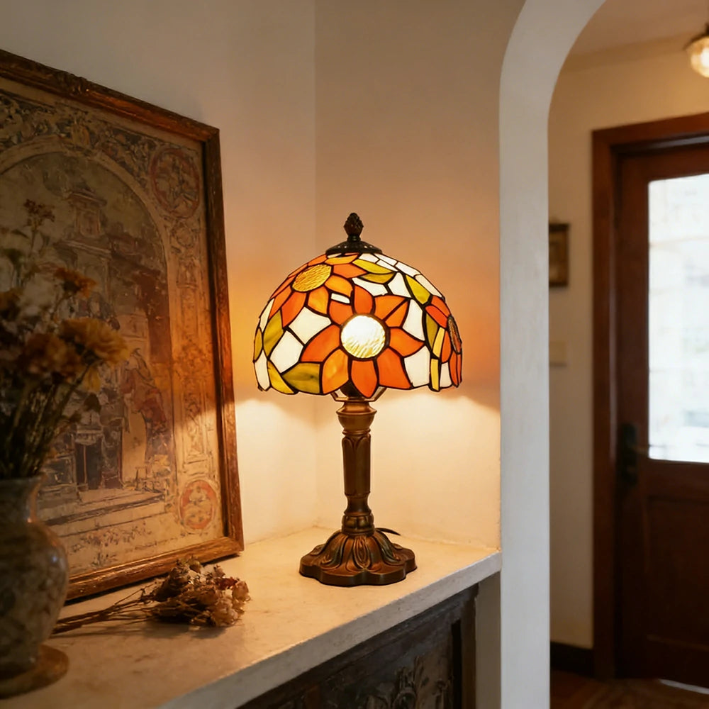 LIVARA Sunflower Stained Glass Table Lamp Handmade Tiffany Style E27 Bedside Light Vintage Decor for Living Room Bedroom Study