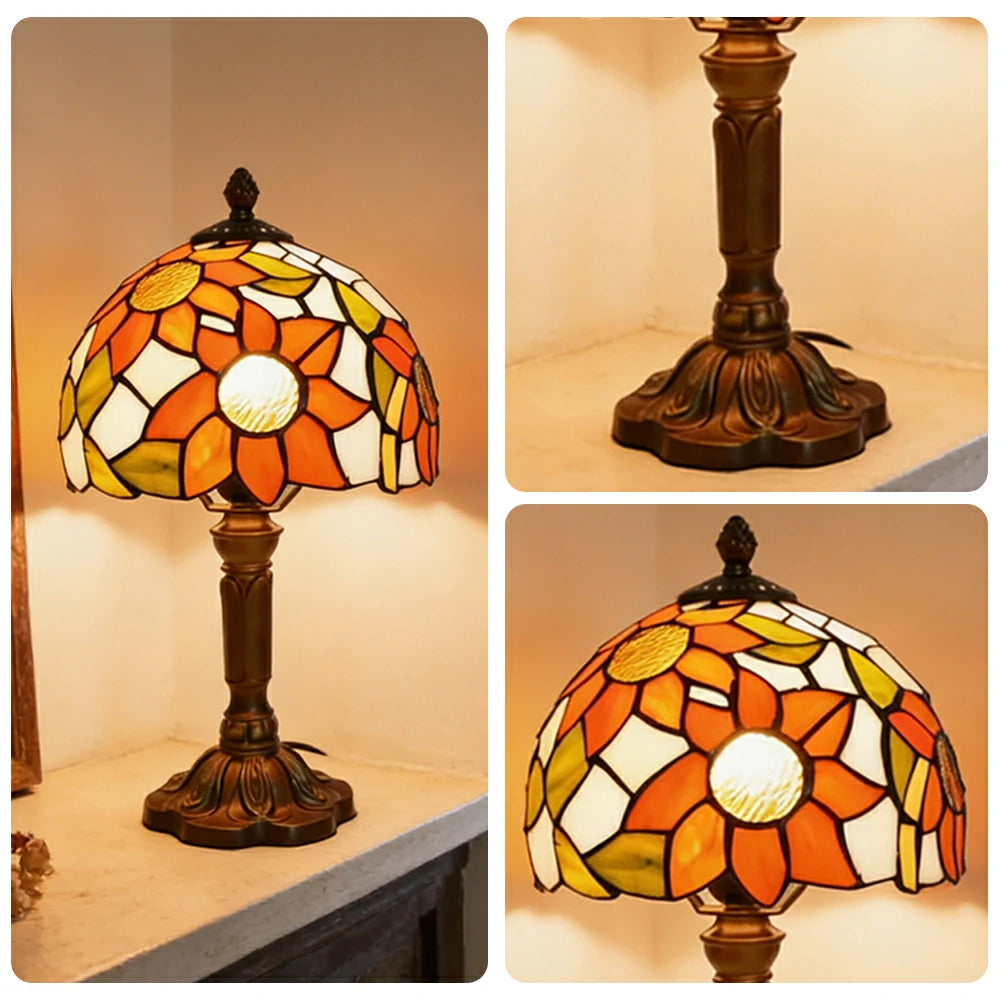 LIVARA Sunflower Stained Glass Table Lamp Handmade Tiffany Style E27 Bedside Light Vintage Decor for Living Room Bedroom Study