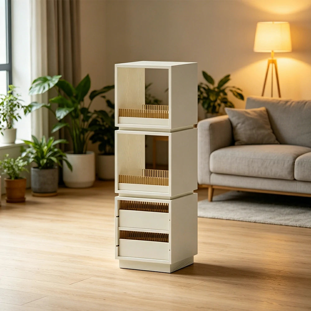 LIVARA Mobile Drawer Cabinet Solid Wood Storage Shelf with Glass Panels for Living Room Bedroom & Study - White