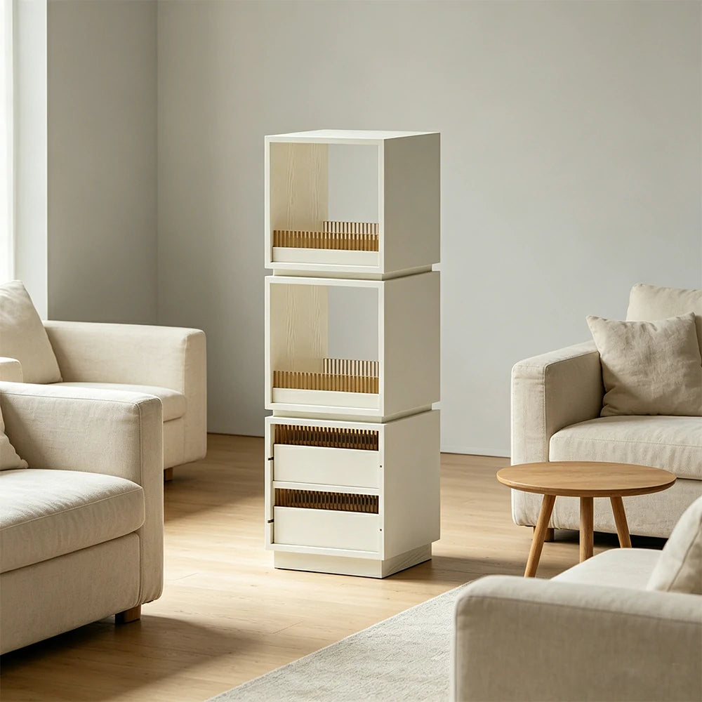 LIVARA Mobile Drawer Cabinet Solid Wood Storage Shelf with Glass Panels for Living Room Bedroom & Study - White