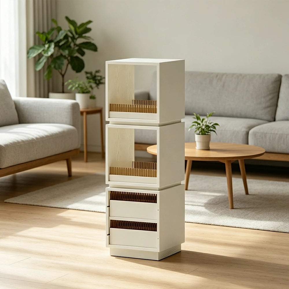 LIVARA Mobile Drawer Cabinet Solid Wood Storage Shelf with Glass Panels for Living Room Bedroom & Study - White