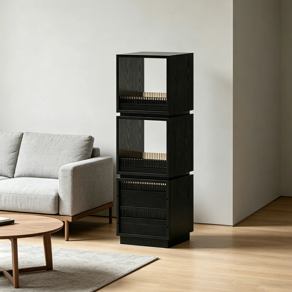 LIVARA Mobile Drawer Cabinet Solid Wood Storage Shelf with Glass Panels for Living Room Bedroom & Study - Black