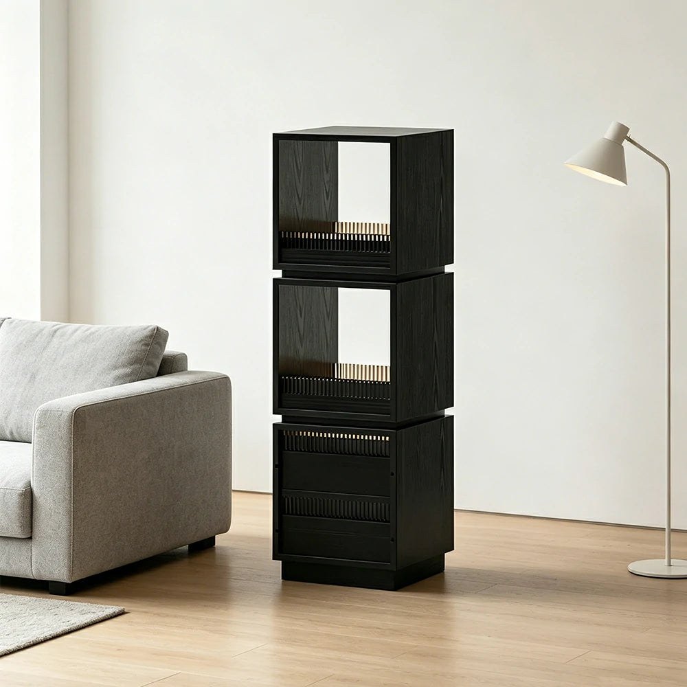 LIVARA Mobile Drawer Cabinet Solid Wood Storage Shelf with Glass Panels for Living Room Bedroom & Study - Black