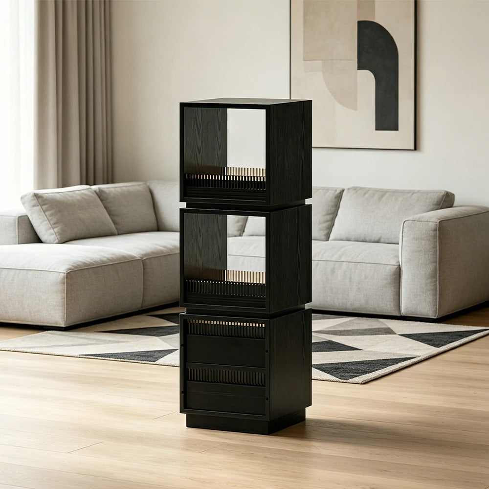 LIVARA Mobile Drawer Cabinet Solid Wood Storage Shelf with Glass Panels for Living Room Bedroom & Study - Black