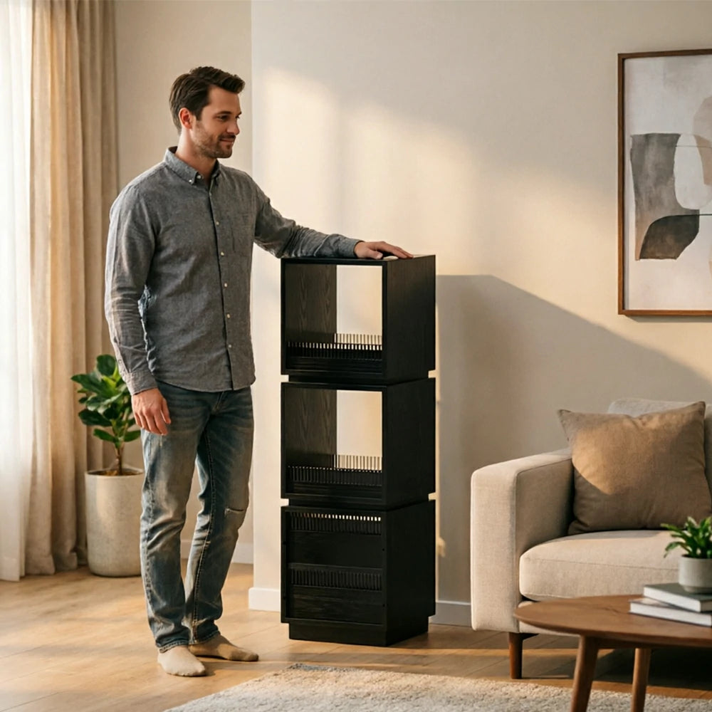 LIVARA Mobile Drawer Cabinet Solid Wood Storage Shelf with Glass Panels for Living Room Bedroom & Study - Black