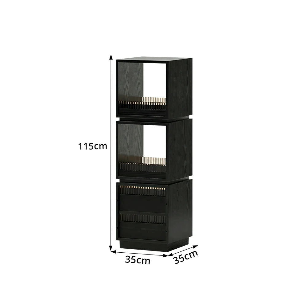 LIVARA Mobile Drawer Cabinet Solid Wood Storage Shelf with Glass Panels for Living Room Bedroom & Study - Black