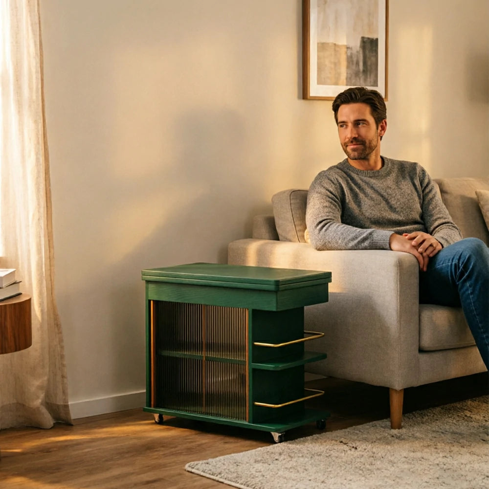LIVARA Rolling Side Cabinet Rotating Tabletop Storage Organizer for Apartment Living Room & Bedroom - Green