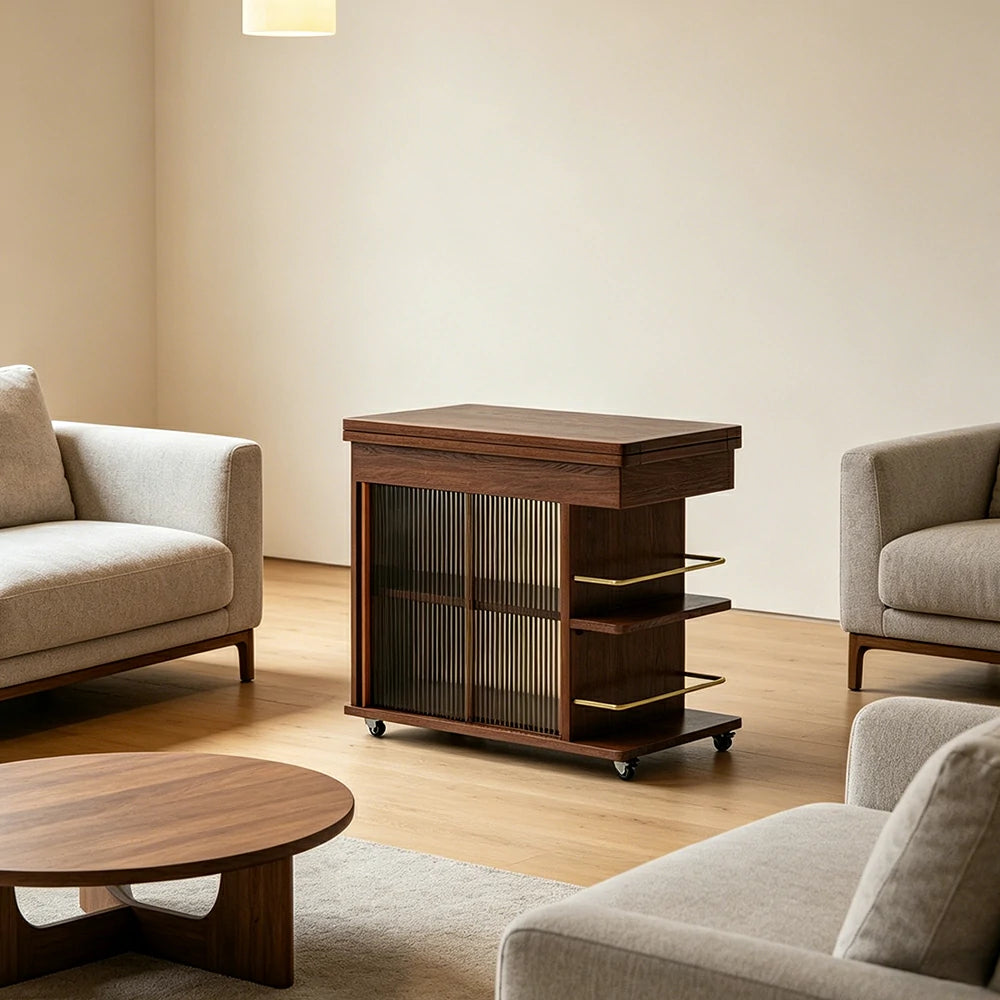 LIVARA Rolling Side Cabinet Rotating Tabletop Storage Organizer for Apartment Living Room & Bedroom - Walnut