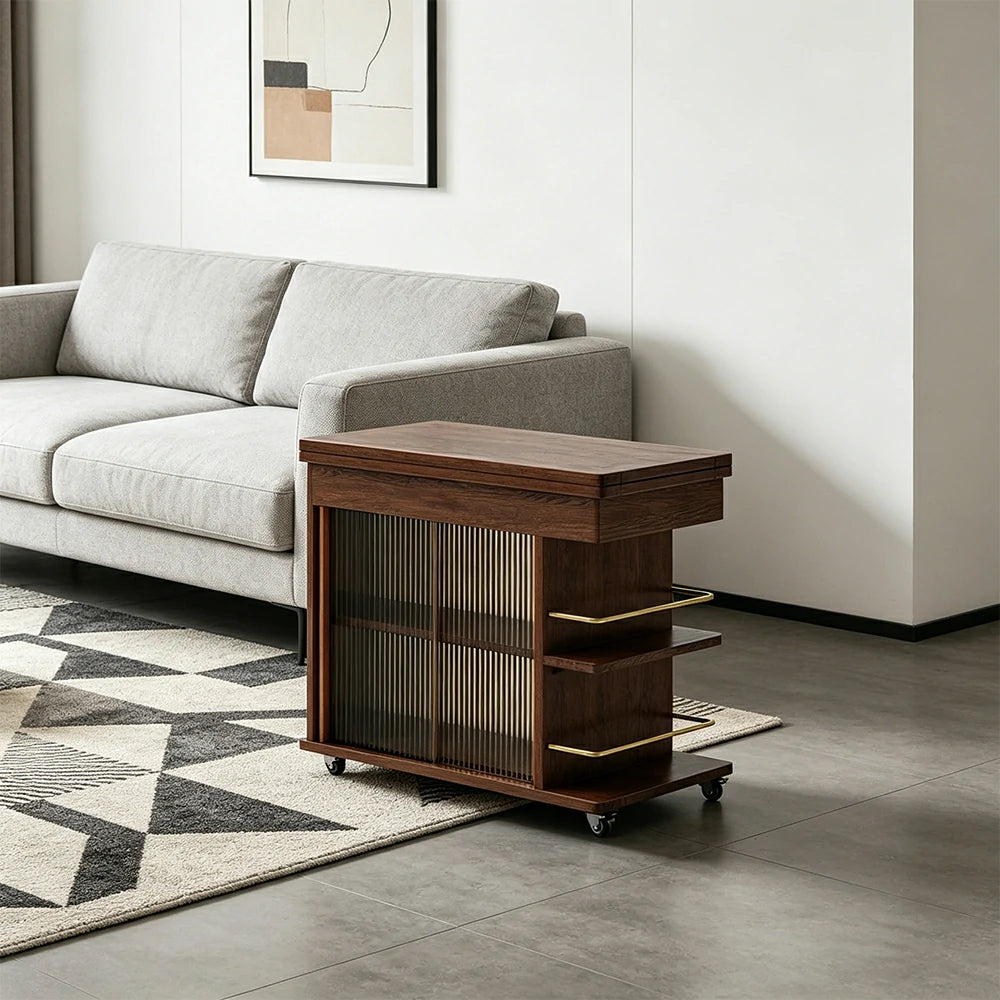 LIVARA Rolling Side Cabinet Rotating Tabletop Storage Organizer for Apartment Living Room & Bedroom - Walnut